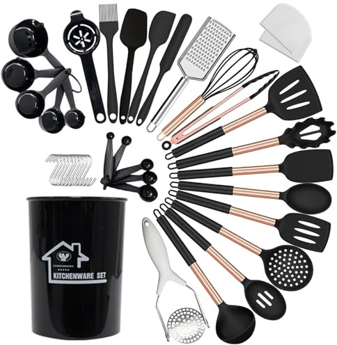 UXIYI Ensemble d'ustensiles de cuisine, ustensiles de cuisine en silicone, ensemble de spatules en silicone avec manche en acier inoxydable Rose Gold,40PCS