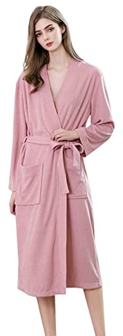 Bata de baño de forro polar suave con cuello de chal para mujer, talla grande, bata de baño larga de felpa, rosa, XL