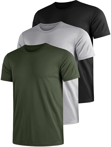 Funktionströja för män, sport, t-shirt, kortärmad, 3-pack, andas, män, t-shirt, sportkläder, träning, snabbtorkande, sportskjorta, funktion, träning, löpartröja, S, – 4XL, Armégrön/grå/svart, L