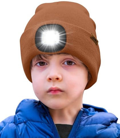 ATNKE Kids LED Beleuchtete Mütze mit Licht,Wiederaufladbare USB 4 LED Laufmütze Extrem Heller Lampe Winter Warme Stricken Mütze Großartig Geschenke für Jungen und Mädchen