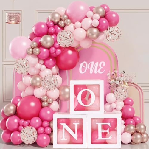 Decorazioni Compleanno 1 Anno Bambina - 3Pcs One Scatole e 104Pcs Kit Arco Palloncini Rosa Gold, Pastello, Kit Palloncini Compleanno Rosa Per Primo Compleannoo Sfondo Bimba 1 Anno