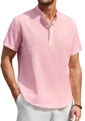 Enlision Chemise Lin Homme Manches Courtes Rose Clair Chemises Col Mao pour Hommes Été Leger Chemisette de Plage Classique Décontractée Henley Tee Shirt Coupe Ample Couleur Unie Haut M
