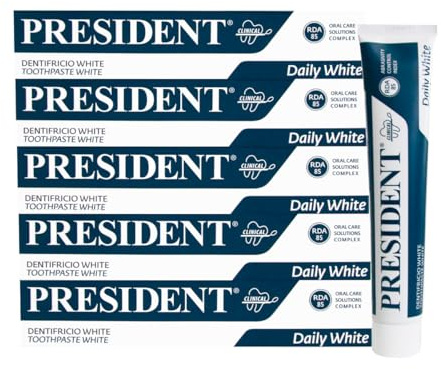 President KIT 5 DENTIFRICIO WHITE ad Azione Sbiancante, antiplacca, antitartaro e anti ingiallimento dei denti. Rinfrescante con Aroma di Menta Piemontese. RDA 85. 5x75ml