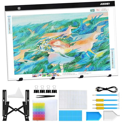 JUSONEY Leuchttisch A2 für diamond painting, Diamond Painting Zubehör Dimmbare Light Pad für Zeichnen Skizzieren Leuchttisch Kinder Erwachsene Diamond Art Painting Set mit Stift Boxen Ständer