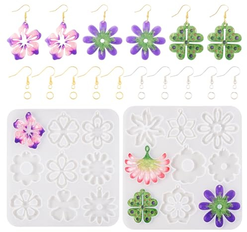 PandaHall - Lot de 2 moules en silicone pour pendentifs en résine florale, motifs fleurs et trèfle avec crochets pour boucles d'oreilles et anneaux à ressort pour la fabrication de bijoux en résine