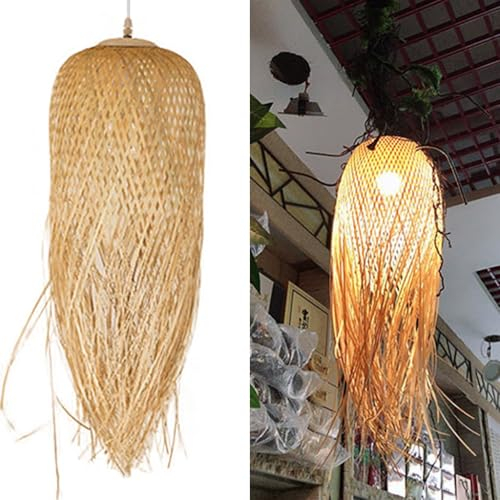 HEYUN Bambus Pendellampe Vintage Weben Kronleuchter Natürlichen Handgemachte Gewebt Rattan Hängeleuchten Kreative Höhenverstellbare E27 Hängelampe Restaurant Teestube Wohnzimmer Cafe PendelleuchtenΦ17