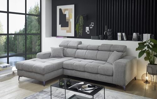 möbelando Ecksofa >Sydney< Elektrische Sitztiefenverstellung, 3 verstellbare Kopfstützen, Bettkasten, Bezugsstoff Taupe - 268x105x172 (BxHxT)