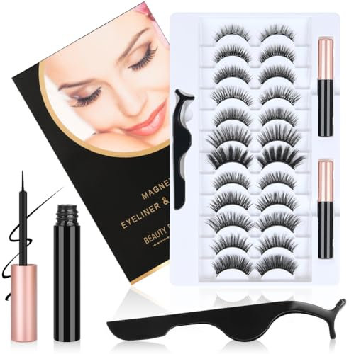 Ciglia Finte Magnetiche, 12 Paia Ciglia Magnetiche con 2 Eyeliner Magnetico, Riutilizzabile Kit Ciglia Finte, Naturali e Lunga Durata di Effetto 3D