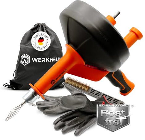 WERKHELD Spirale per la pulizia dei tubi [7,5 m] – con inserto per trapano – spirale di scarico ideale per la pulizia dei tubi – acciaio inox – con guanti e spazzola per la pulizia