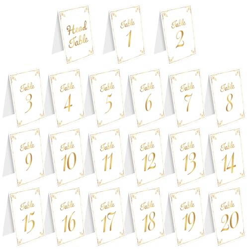 21stk Goldene Tischnummern Hochzeiten, Zarte Doppelseitige Tischnummernkarten Goldfolie mit Zahlen 1-20 Tischnummern Hochzeitstischnummern Tischschilder Zubehör Hochzeitsfeiern Bankette