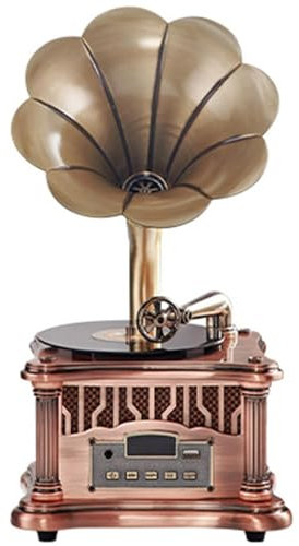 Gramófono vintage con reproductor de discos Bluetooth, radio FM y control remoto, bocina de metal retro para decoración del hogar y entretenimiento