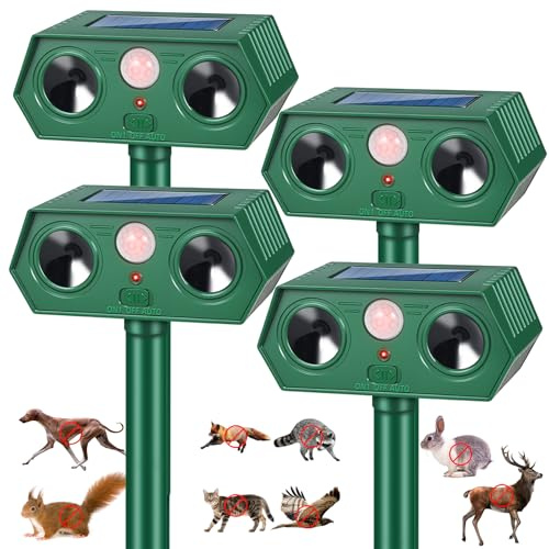 2026 IP65 Deer Repellent Devices Racoon Squirrel Sonic Fortress Pro, Solar Ultrasonic Animal Repeller Outdoor Cat Deterrent with Motion Sensor to Scare Rabbit Skunk Dog Out of Garden Farm(4Pack)