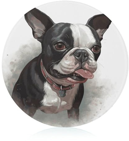 Boston Terrier - Tabla de cortar para cocina, mini tabla de cortar queso, bloque redondo de vidrio templado para picar, cortar pizza, carne, fruta (7.9 pulgadas)