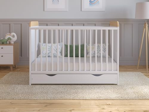 Love For Sleep Cuna de Madera para bebé 120x60 cm con cajón Blanco-Pino – Convertible en Cama Infantil – Altura Ajustable – Cuna evolutiva para recién Nacido y niño pequeño