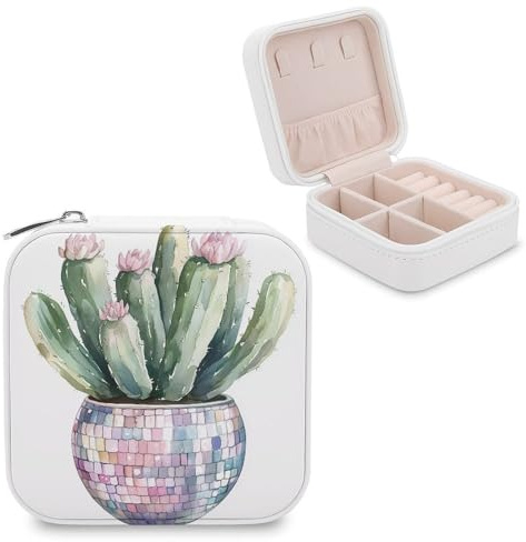 Jubonexis Petite boîte à bijoux portable en cuir synthétique avec motif cactus aquarelle dans un pot à boules disco