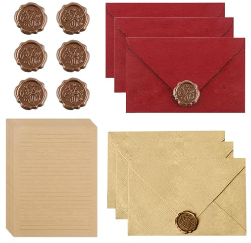 Briefpapier mit Umschlag, Liebesbrief, Vintage Briefpapier Set, mit 6 Leinenumschlag Umschläge und Wachssiegel 10 A5 Papier, Vintage Briefpapier Umschlag Set, für Hochzeitseinladungen (Rot + Gelb)