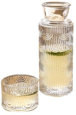 Vintage Bedside Water Carafe and Glass Set, Water Pitcher and Cup Set | Pitcher with Tumbler, Thick Glass Mouthwash Decanter, Water Serving Carafe for Bedroom Bathroom(Clear)