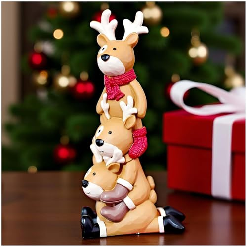 PlentifulHome Stacked Reindeer Christmas Figurine, Resin Deer Decor, 14 cm | Painted resin reindeer figurine with scarves and antlers for Christmas shelves, tabletops and cheerful festive gifts