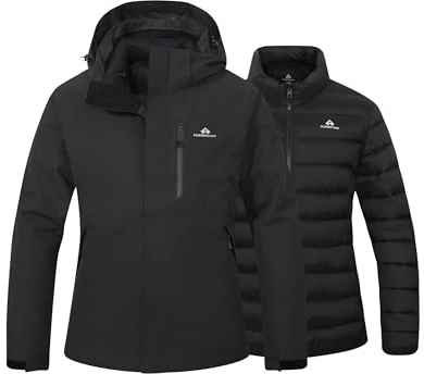 Pioneer Camp winterjacke damen–skijacke 3 in 1 jacke damen snowboardjacke,Sturzregenfest, hoch atmungsaktiv und feuchtigkeitstransportierend, mit Baumwolle gefütterte Innenjacke(Black;S)