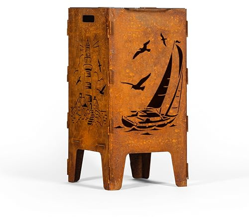 D&L Lasertec Tonneau à feu en acier de 3 mm avec voilier, grille de cuisson, décoration patinée pour le jardin, bol de barbecue