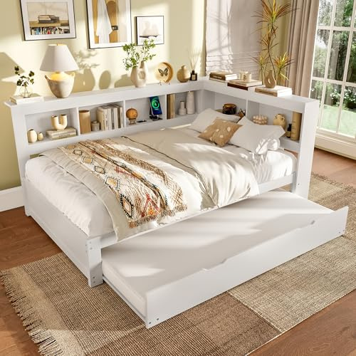 cama de día nido de 140 x 200 cm, sofá con enchufe integrado y 2 puertos USB, incluye somier, cama de invitados que ahorra espacio, madera de pino, blanco (sin colchón)