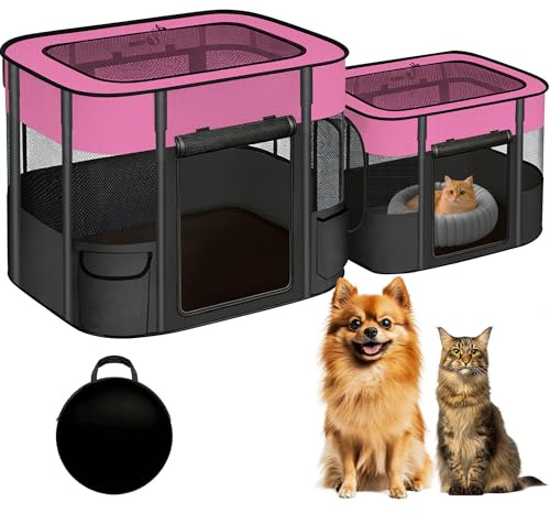 Portable Cat Playpen with Separate Areas, 2-in-1 Puppy Playpen & Cats Cage, Foldable Pet Tent for Indoor and Outdoor Use, Collapsible Tent Kennel Cage House(35.4x27.6x27.6 Pink & Black)