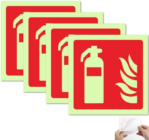 Aililong Feuerlöscher Aufkleber (4er Set) – 4x4in PVC Selbstklebend, Nachleuchtend & Wetterfest, Piktogramm-Hinweisschild für Haus, Büro & Krankenhaus