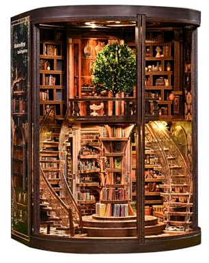 KaayeeWood Kit fai da te, 356 puzzle in legno 3D, in miniatura, libreria, decorazione con lampada a LED, set fai da te per adulti, kit per la casa delle bambole fai da te (anelli della saggezza)