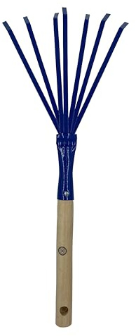 MMXX 2 0 2 0 Kleinfeger & Handrechen – Kleiner Fächerbesen 12 cm – Laubbesen für Beet & Grabpflege – Robuster Handfeger mit Holzgriff & Metallzinken Blau – Zum Entfernen von Laub & Unkraut