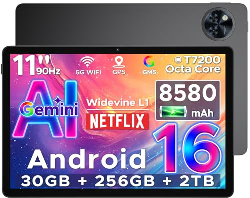 POPUX U11 Pro Android 16 Tablet 11 Pulgadas, 30GB RAM+256GB ROM/2TB TF, Tablet Gaming Octa-Core, HD IPS 90Hz, 8580mAh Batería, WiFi 5/ Widevine L1/ 13MP+5MP/Face ID/GMS/3.5mm Jack Tablets para Niños