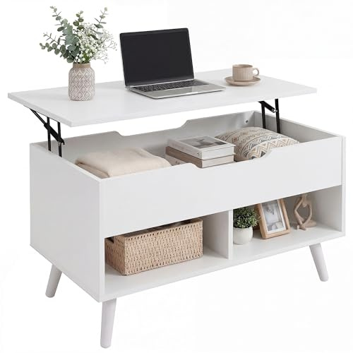 HOMCOM Tavolino da Caffè Industriale con Piano Sollevabile, Tavolino Salotto Allungabile Moderno con Vano Contenitore, Tavolo Soggiorno per Casa Ufficio, 75x40x58 cm, Bianco