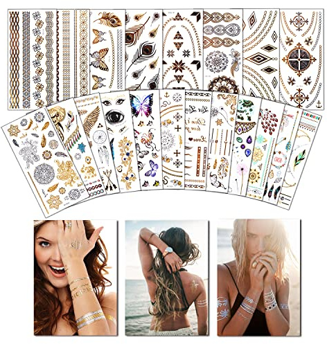 Temporäre Tattoos (Waterproof), 20 Blatt Tattoo aufkleber festival, (400+ Designs) Gold Festival Ausrüstung, Festival Armbänder für Frauen, Mädchen by AniSqui