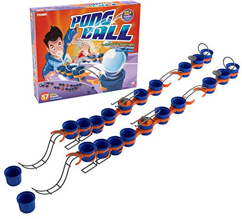 TOMY - PONG BALL Niveau Ultime 57 Pièces T73021, Jeu d'Adresse avec 22 Gobelets Plastiques Bleus, Circuit de Balles avec Cascades et Ponts, 2 Joueurs+, Adapté aux Enfants et Adolescents de 6 ans+
