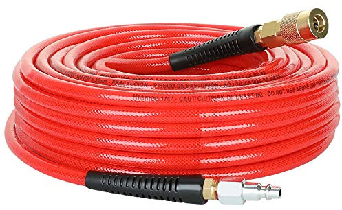 Hromee 1/4-Inch x 50 Feet Polyurethane Air Hose with Bend Restrictors PU Compressor Hose with 1/4 Industrial Quick Coupler and Plug Kit, Red