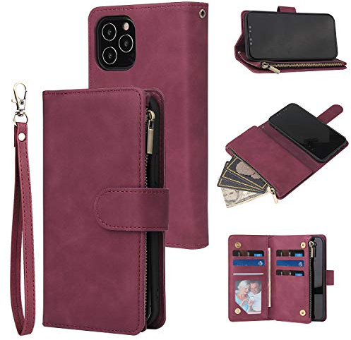 QLTYPRI Case for iPhone 13, Large Capacity Leather Wallet Case 6 Card Holder & 1 Zipper Pocket Kickstand Wrist Strap Magnetic Case for iPhone 13 - Red | Large Capacity