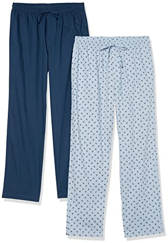 Amazon Essentials herr bomull poplin full längd pyjamasbotten, paket med 2, isblå flamingo/indigo, medium