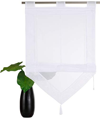 Devola Voile Scheibengardinen mit Quaste Panneaux HxB 140x45cm Weiß | Gardine Zweifarbig Bistrogardine Küche Transparent Kurzstore mit Schlaufen Fenster Gardinen Modern 1er Pack