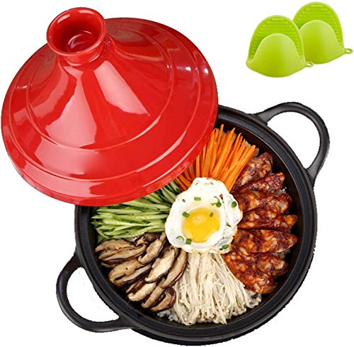 MXXHFC Casseruola Pentola in Ghisa, Tajine con Base in Ghisa Smaltata e Guanti in Silicone, per Diversi Stili di Cottura, Pentola Antiaderente Casseruola in Ghisa (Colore : Arancio) (Rosso)