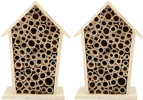 Native Hive Wooden Bee House, Natural Handmade Wooden Bee Box Habitat with Bamboo Tubes,Insect House Shelter for Attracting Peaceful Bee Pollinators (2PCS)