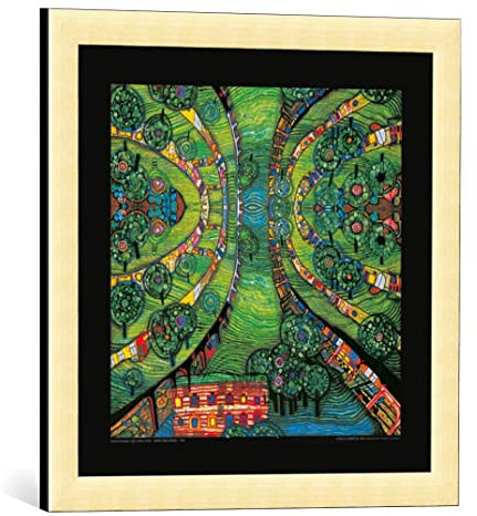 kunst für alle Bild mit Bilder-Rahmen: Friedensreich Hundertwasser Grüne Stadt Adaption - dekorativer Kunstdruck, hochwertig gerahmt, 48x48 cm, Gold gebürstet