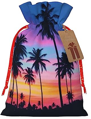 Geschenkbeutel mit Kordelzug, Motiv: Palmen, künstlerische Weihnachts-Geschenktasche aus Stoff, entzückender Jutebeutel für alle Anlässe