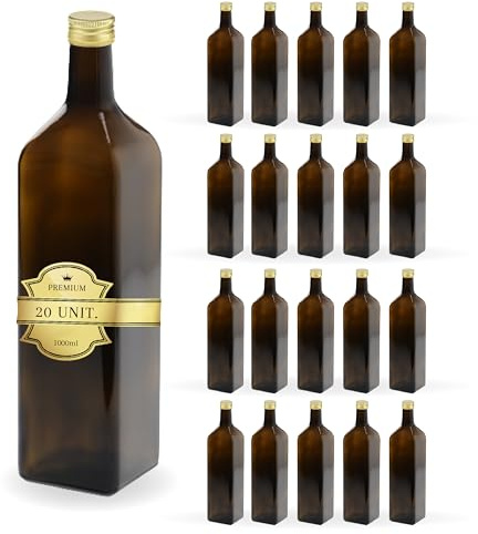 Espirito Rebelde 20x Bouteilles en Verre Foncé 1000ml avec Bouchon a Vis Doré - Huile d'Olive, Vinaigre, Alcool - Huilier en Verre