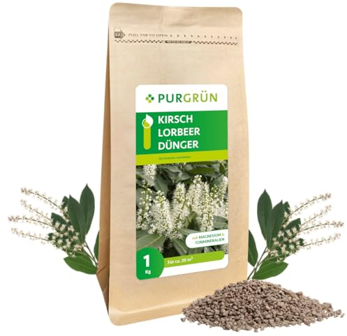 Purgrün® Kirschlorbeer-Dünger 1 kg – Organisch-mineralische Rezeptur – Feinkörniges Krümelgranulat – NPK 9+4+8 – Extra Magnesium für leuchtend grüne Blätter – Verbessert die Bodenqualität