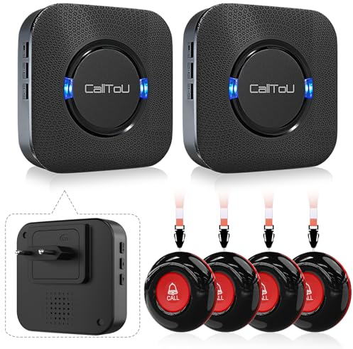 CallToU Botón de Llamada de Emergencia Botón de Llamada inalámbrico de Alarma de Enfermera más de 500 pies para el hogar/Personas Mayores/Pacientes/discapacitados (4 transmisor 2 Receptor)