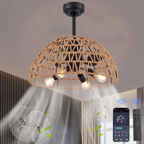 Ventilatore da Soffitto con luce e Telecomando Silenzioso Lampadario con Ventilatore da Soffitto E27 6 Velocità Corda di Canapa Vintage Fan Plafoniera con Illuminazione per Camera da Letto Salotto