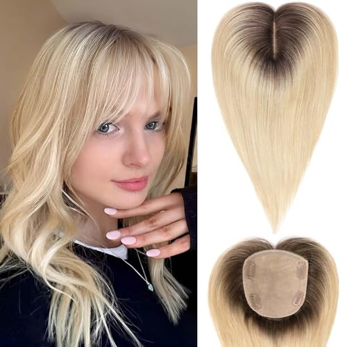 HAIRCUBE 5 x 5,5 Haarteil mit großer Basis für Frauen, Echthaarteil, 12 Zoll Ombre Hellblond, mit Pony für Frauen mit dünner werdendem Haar oder grauen Haarwurzeln