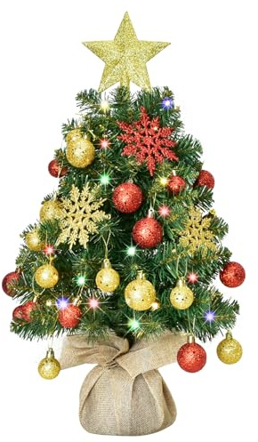 HOYECHI 24 Mini Christmas Tree - Small Tabletop Artificial Xmas Tree with Lights, Star Treetop, Ornaments Balls, DIY Christmas Decorations - Green & Gold