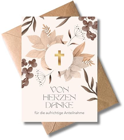 WBdesignz 10er-Set Trauer Dankeskarten mit Umschlägen – „Von Herzen Danke für die aufrichtige Anteilnahme“ – Christliches Design mit Kreuz – Trauerfall Beerdigung Beileid (DIN A6)