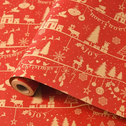 ZJHiome Christmas Wrapping Paper Roll 43cm*10m Recyclable Kraft Xmas Wrapping Paper for New Year Winter Holidays Gifts Wrap(Christmas Party)