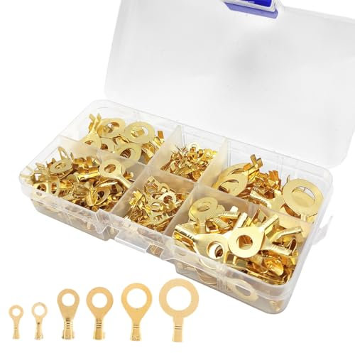SULIUDAJI 150 Pièces Bornes à Sertir à Oeillet Électrique en Laiton Connecteur de Cosses de Câble à Anneau Bornes à Sertir à Anneau Isolant en Laiton Cosses de Câble à Anneau M3 M4 M5 M6 M8 M10